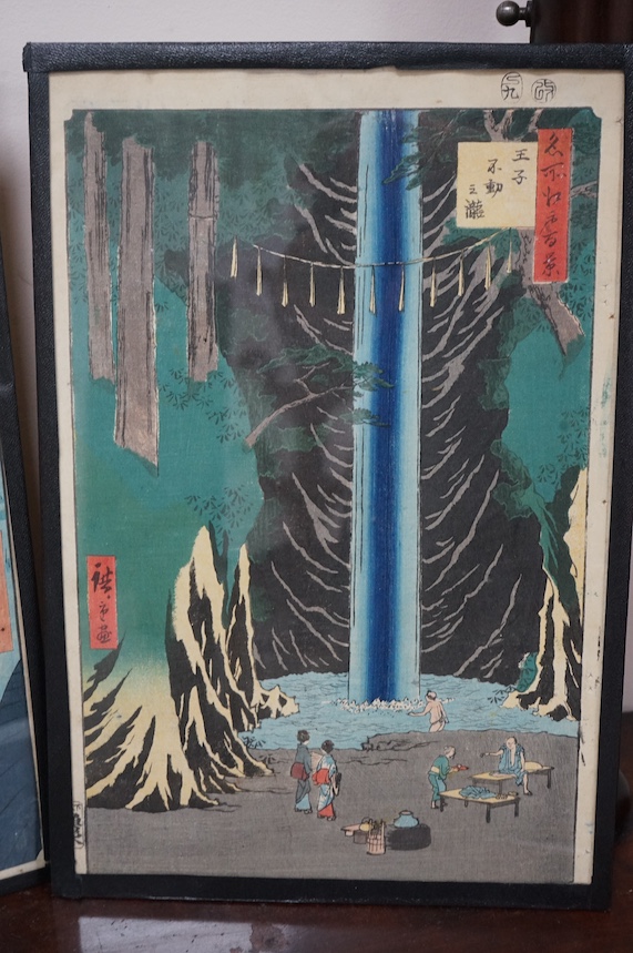 After Hiroshige (1797-1858), pair of Japanese woodblock prints, Oban format, ‘Fudo Falls, Ogoji’ and ‘Haneda Ferry’, 36 x 25cm. Condition - fair